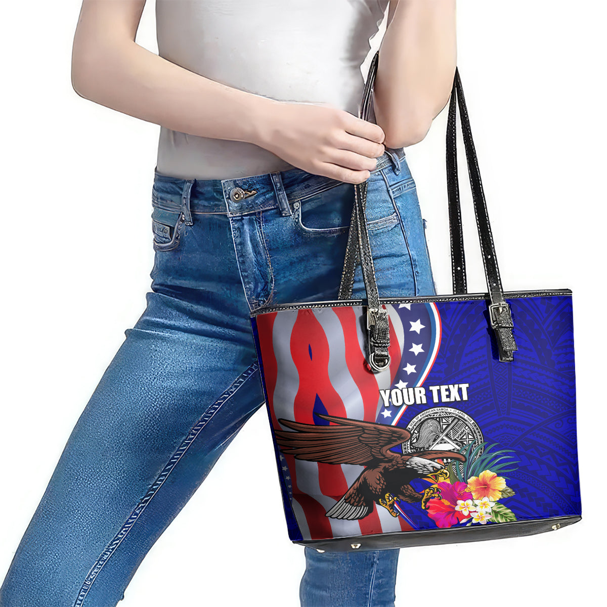 Personalised American Samoa and United States Leather Tote Bag Bald Eagle and Seal Hibiscus Polynesian Pattern LT03