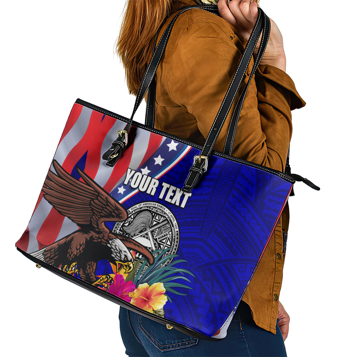 Personalised American Samoa and United States Leather Tote Bag Bald Eagle and Seal Hibiscus Polynesian Pattern LT03