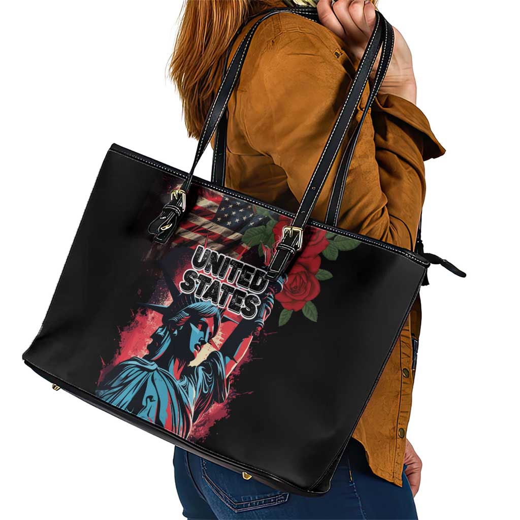 United States Independence Day Leather Tote Bag The 4th of July Statue of Liberty Retro Style LT03