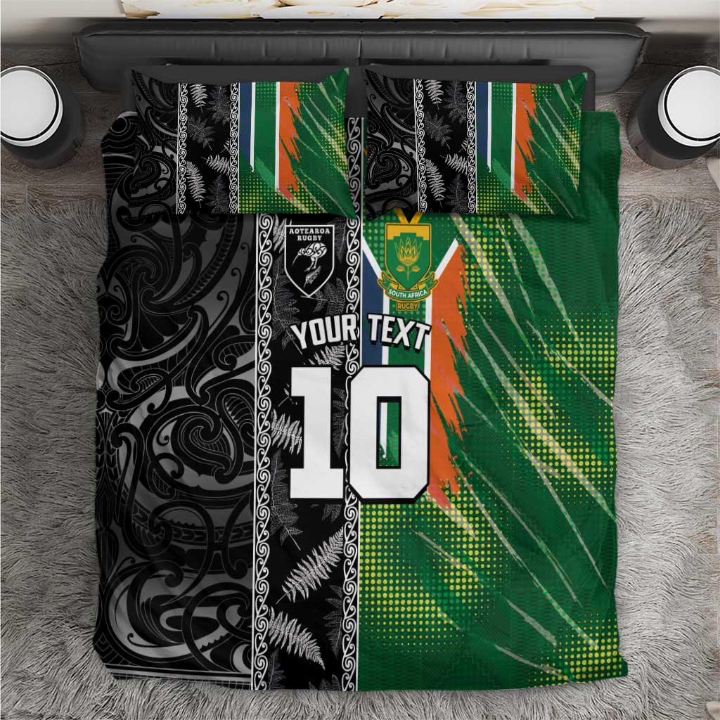Custom Aotearoa South Africa Rugby Freedom Cup Bedding Set Maori Silver Fern Art and Sporty Flag SA LT03