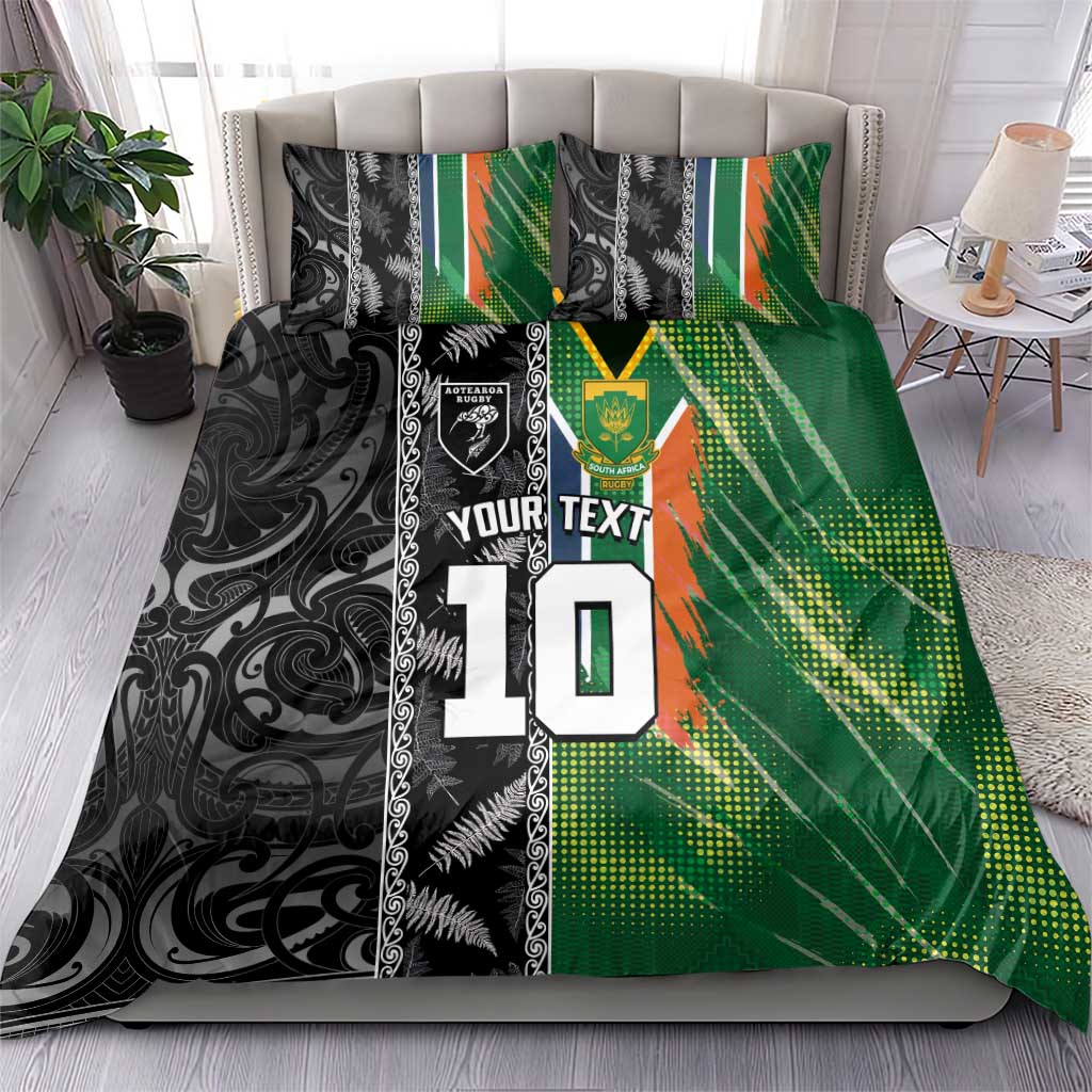 Custom Aotearoa South Africa Rugby Freedom Cup Bedding Set Maori Silver Fern Art and Sporty Flag SA LT03