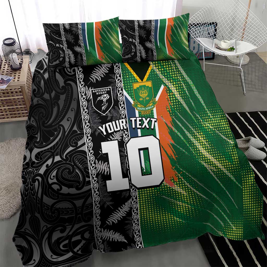 Custom Aotearoa South Africa Rugby Freedom Cup Bedding Set Maori Silver Fern Art and Sporty Flag SA LT03