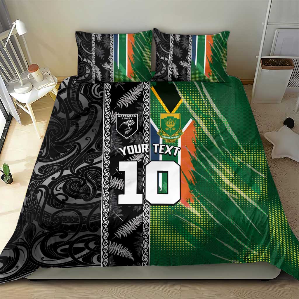 Custom Aotearoa South Africa Rugby Freedom Cup Bedding Set Maori Silver Fern Art and Sporty Flag SA LT03