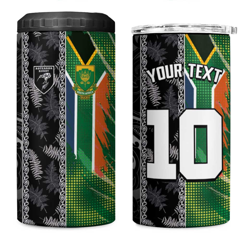 Custom Aotearoa South Africa Rugby Freedom Cup 4 in 1 Can Cooler Tumbler Maori Silver Fern Art and Sporty Flag SA LT03