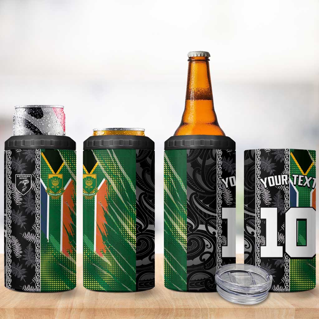 Custom Aotearoa South Africa Rugby Freedom Cup 4 in 1 Can Cooler Tumbler Maori Silver Fern Art and Sporty Flag SA LT03