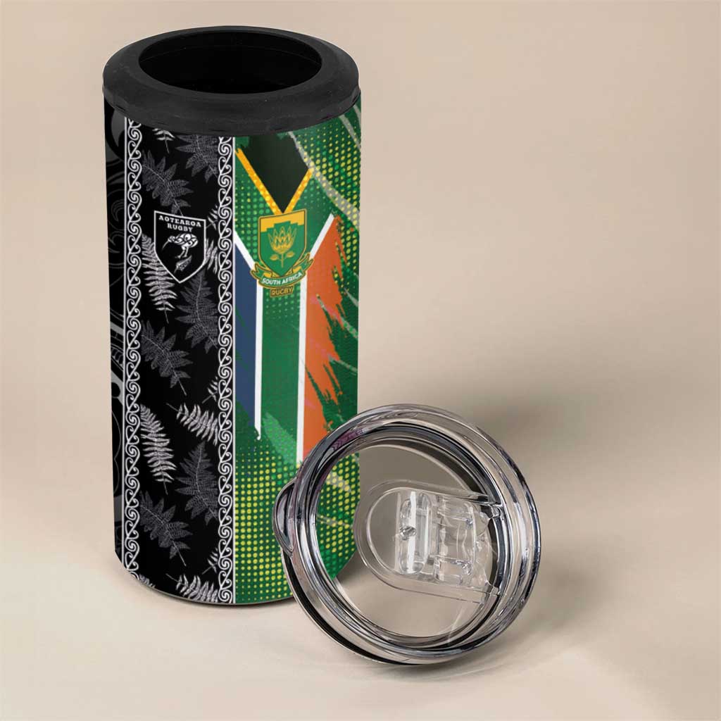 Custom Aotearoa South Africa Rugby Freedom Cup 4 in 1 Can Cooler Tumbler Maori Silver Fern Art and Sporty Flag SA LT03