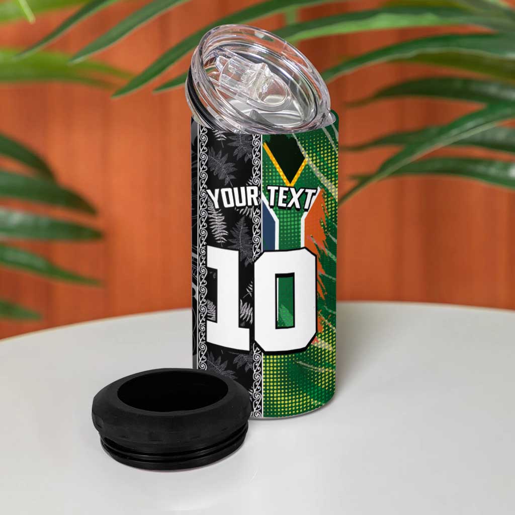 Custom Aotearoa South Africa Rugby Freedom Cup 4 in 1 Can Cooler Tumbler Maori Silver Fern Art and Sporty Flag SA LT03