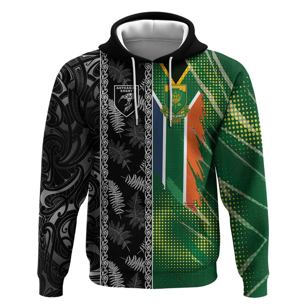 Custom Aotearoa South Africa Rugby Freedom Cup Hoodie Maori Silver Fern Art and Sporty Flag SA LT03