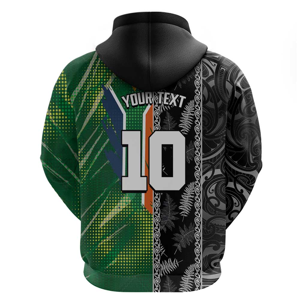 Custom Aotearoa South Africa Rugby Freedom Cup Hoodie Maori Silver Fern Art and Sporty Flag SA LT03