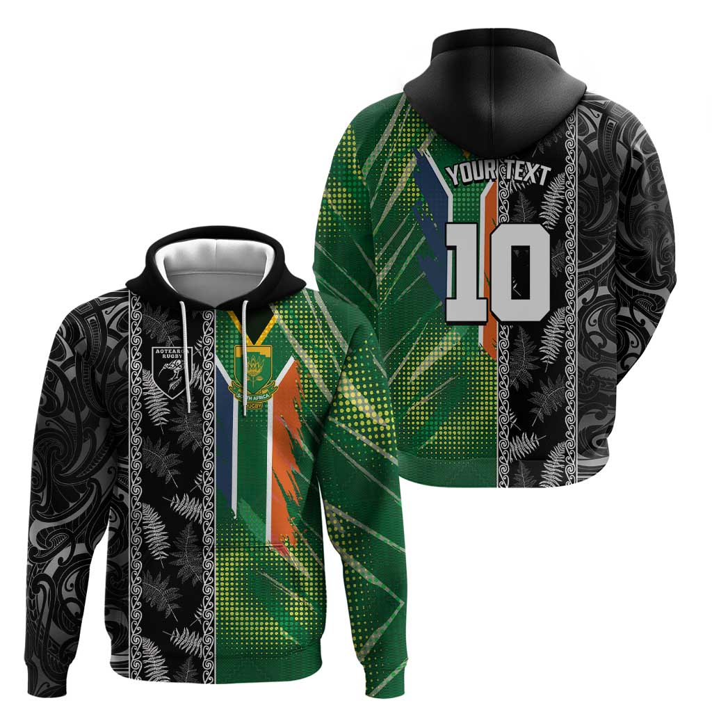 Custom Aotearoa South Africa Rugby Freedom Cup Hoodie Maori Silver Fern Art and Sporty Flag SA LT03