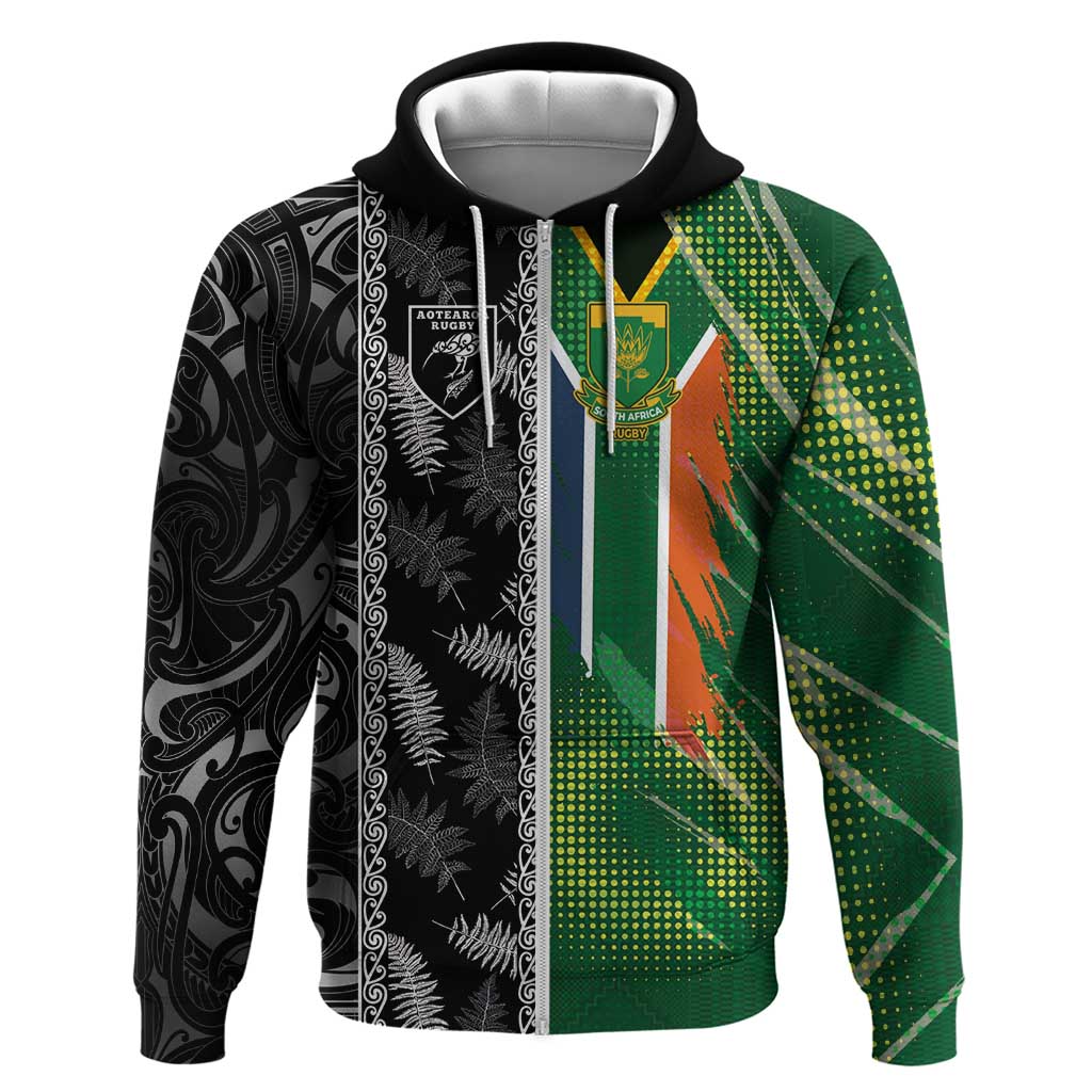 Custom Aotearoa South Africa Rugby Freedom Cup Hoodie Maori Silver Fern Art and Sporty Flag SA LT03