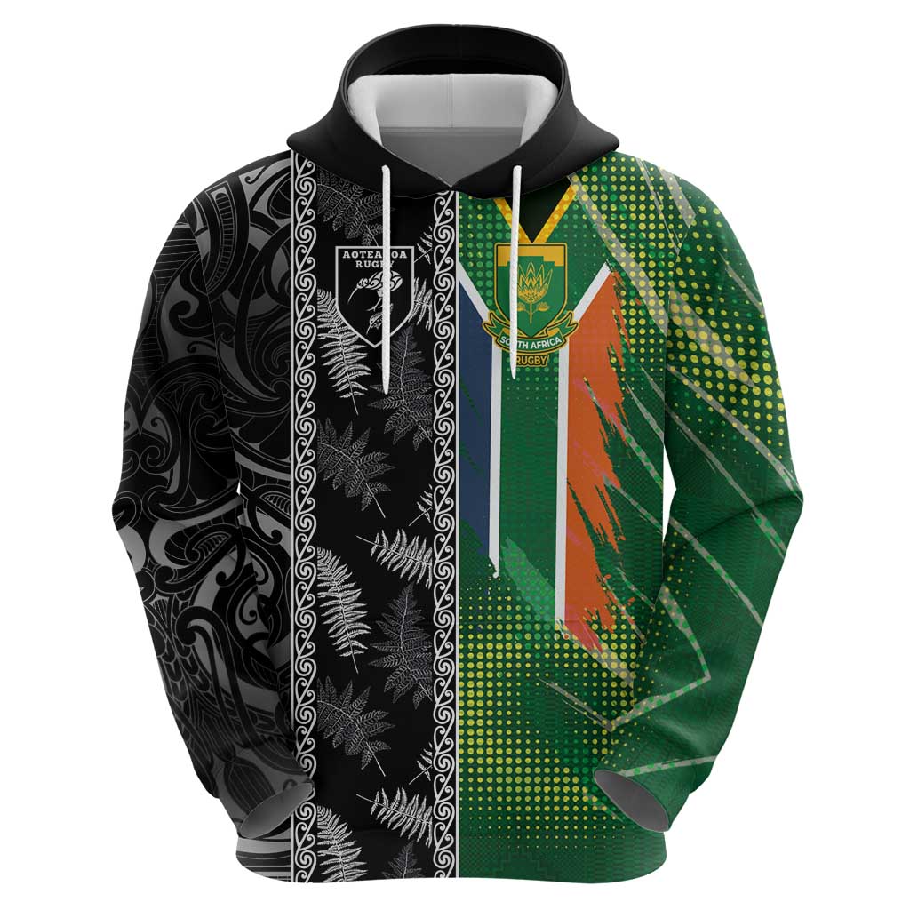 Custom Aotearoa South Africa Rugby Freedom Cup Hoodie Maori Silver Fern Art and Sporty Flag SA LT03