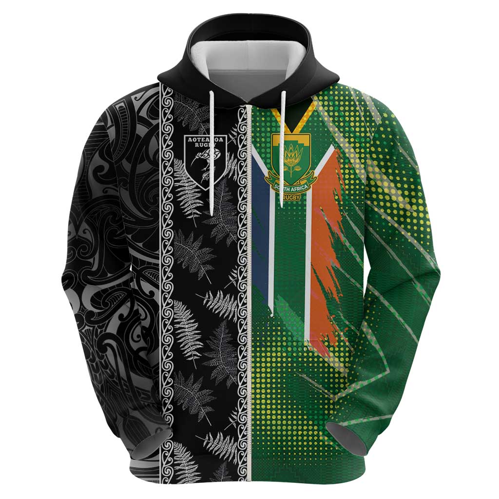 Custom Aotearoa South Africa Rugby Freedom Cup Hoodie Maori Silver Fern Art and Sporty Flag SA LT03