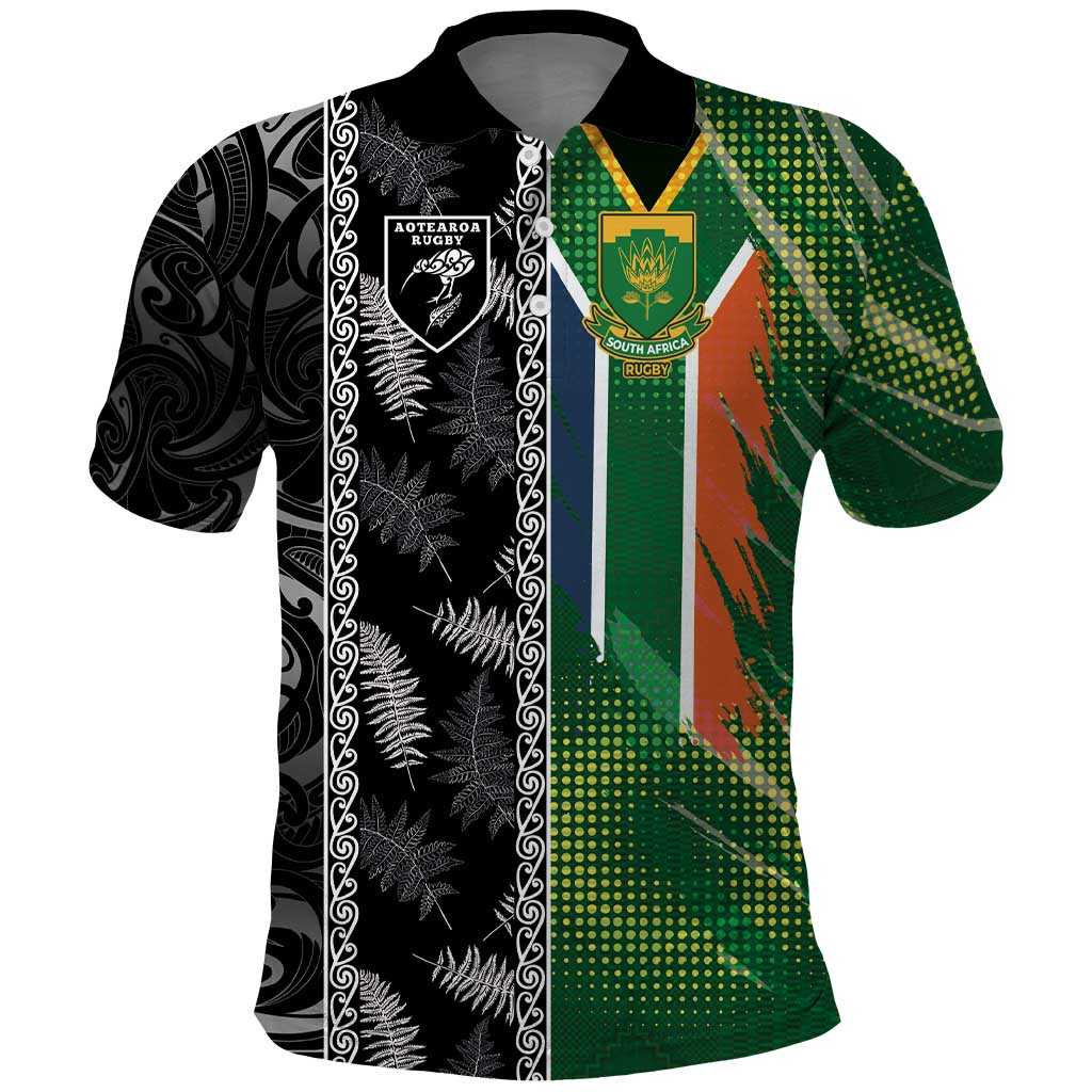 Custom Aotearoa South Africa Rugby Freedom Cup Polo Shirt Maori Silver Fern Art and Sporty Flag SA LT03