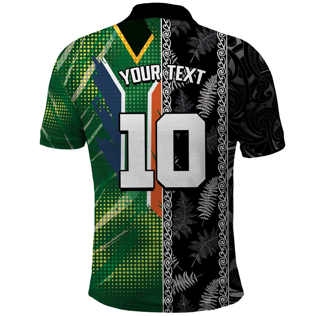 Custom Aotearoa South Africa Rugby Freedom Cup Polo Shirt Maori Silver Fern Art and Sporty Flag SA LT03