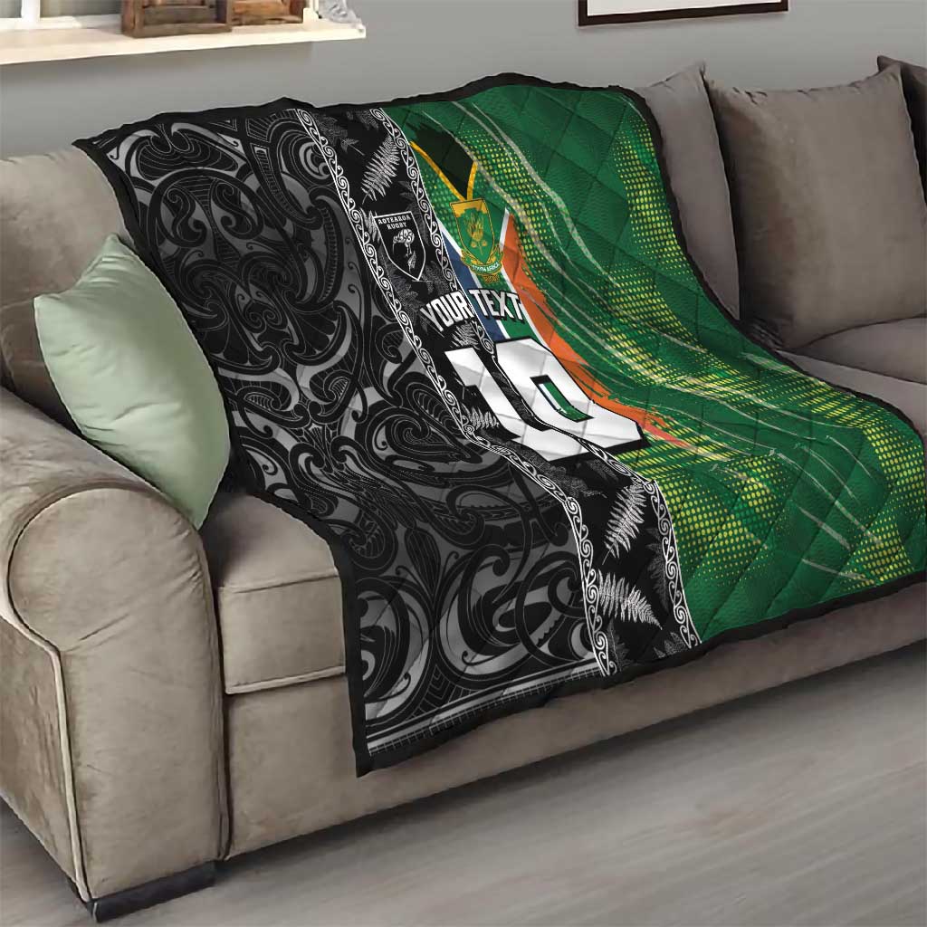 Custom Aotearoa South Africa Rugby Freedom Cup Quilt Maori Silver Fern Art and Sporty Flag SA LT03