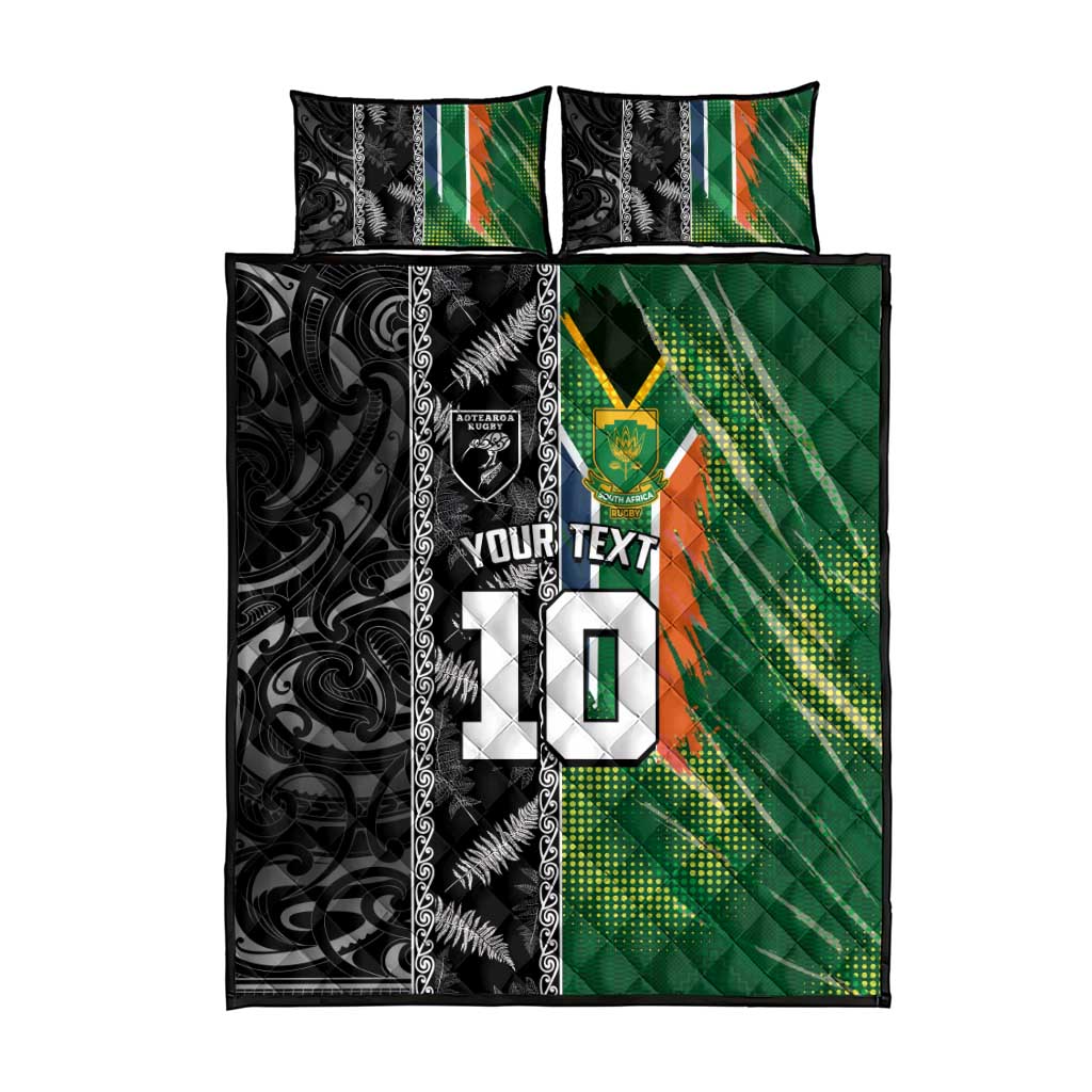 Custom Aotearoa South Africa Rugby Freedom Cup Quilt Bed Set Maori Silver Fern Art and Sporty Flag SA LT03