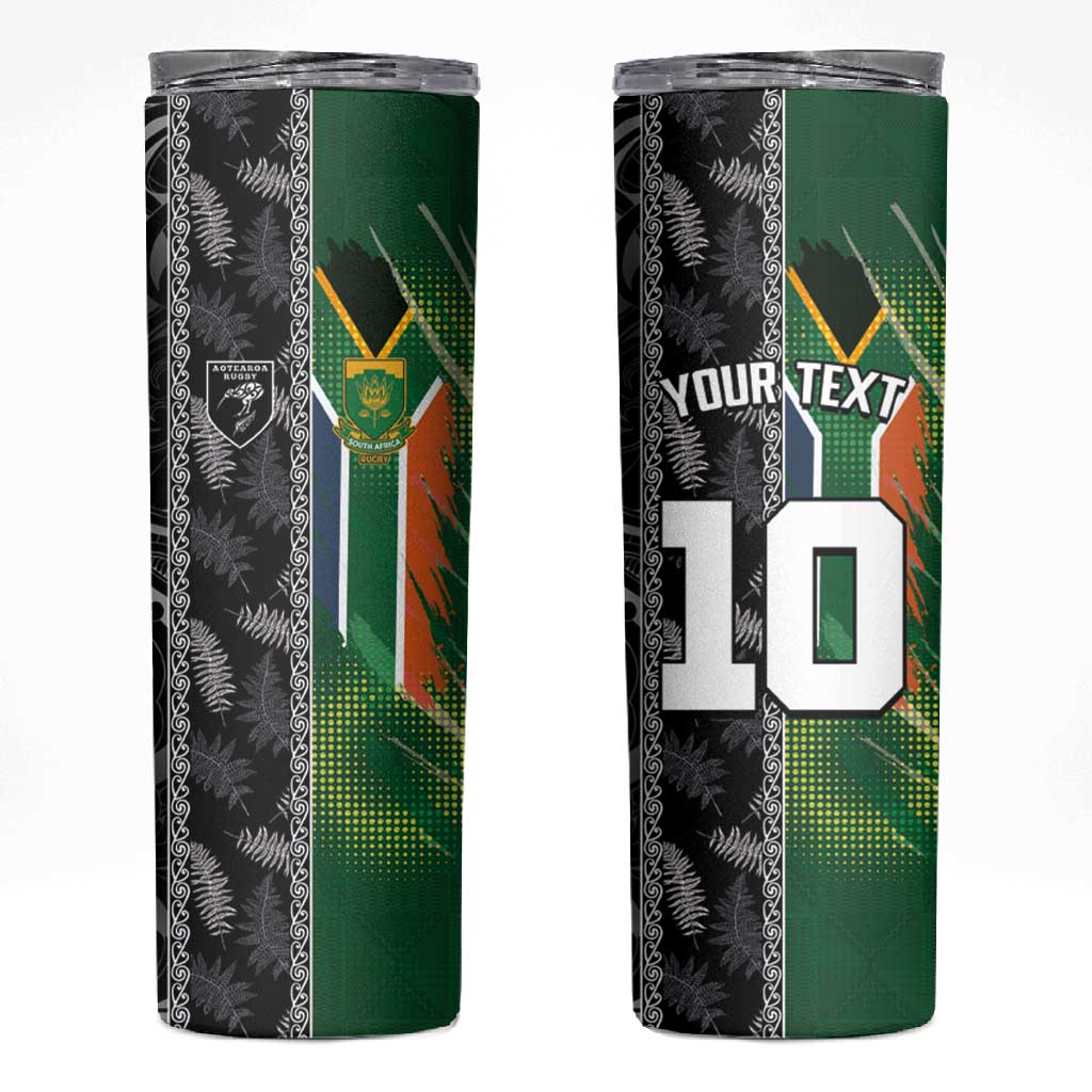 Custom Aotearoa South Africa Rugby Freedom Cup Skinny Tumbler Maori Silver Fern Art and Sporty Flag SA LT03
