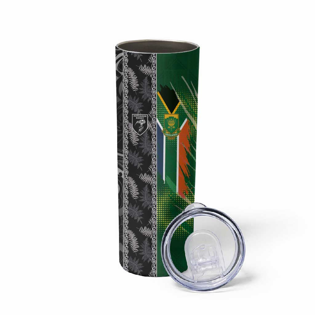 Custom Aotearoa South Africa Rugby Freedom Cup Skinny Tumbler Maori Silver Fern Art and Sporty Flag SA LT03