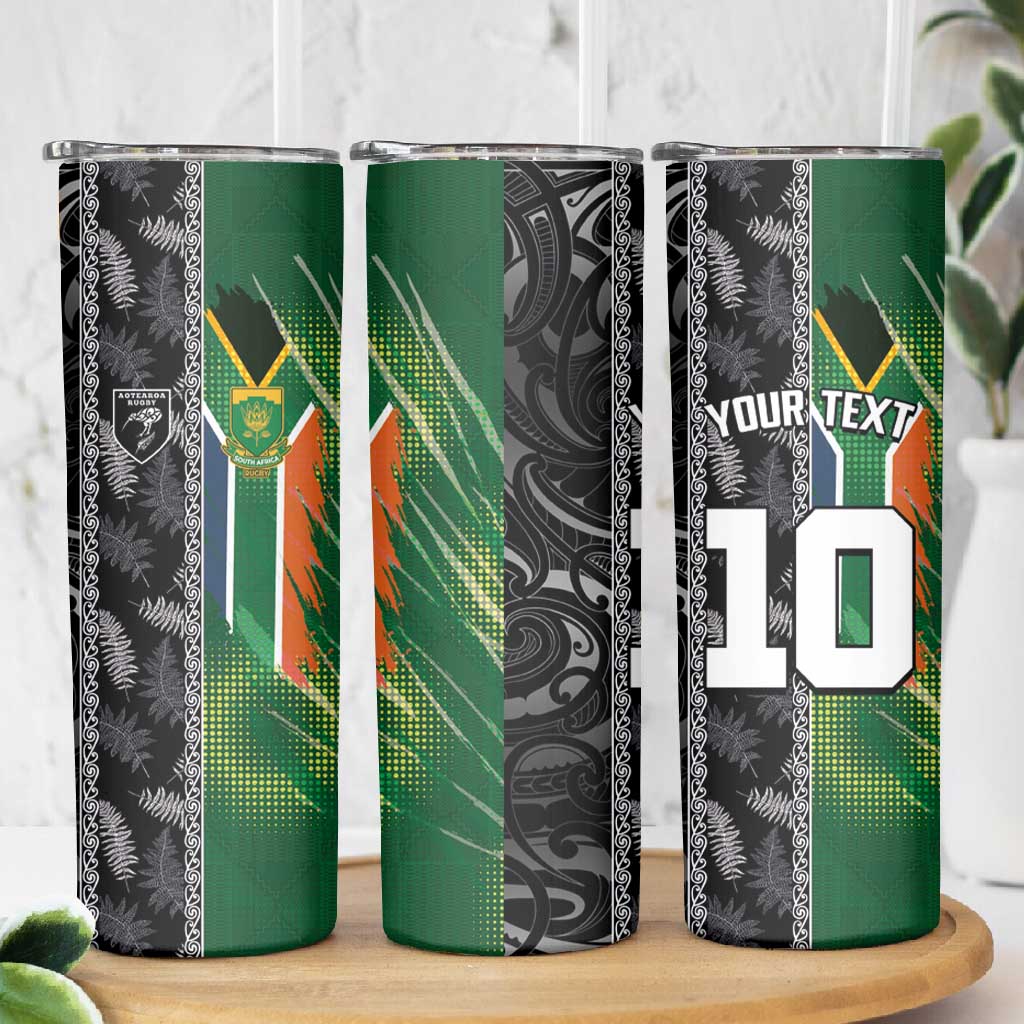 Custom Aotearoa South Africa Rugby Freedom Cup Skinny Tumbler Maori Silver Fern Art and Sporty Flag SA LT03