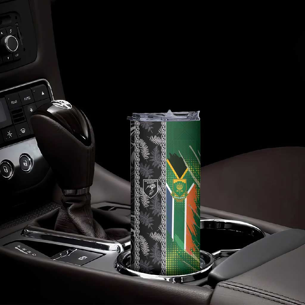Custom Aotearoa South Africa Rugby Freedom Cup Skinny Tumbler Maori Silver Fern Art and Sporty Flag SA LT03