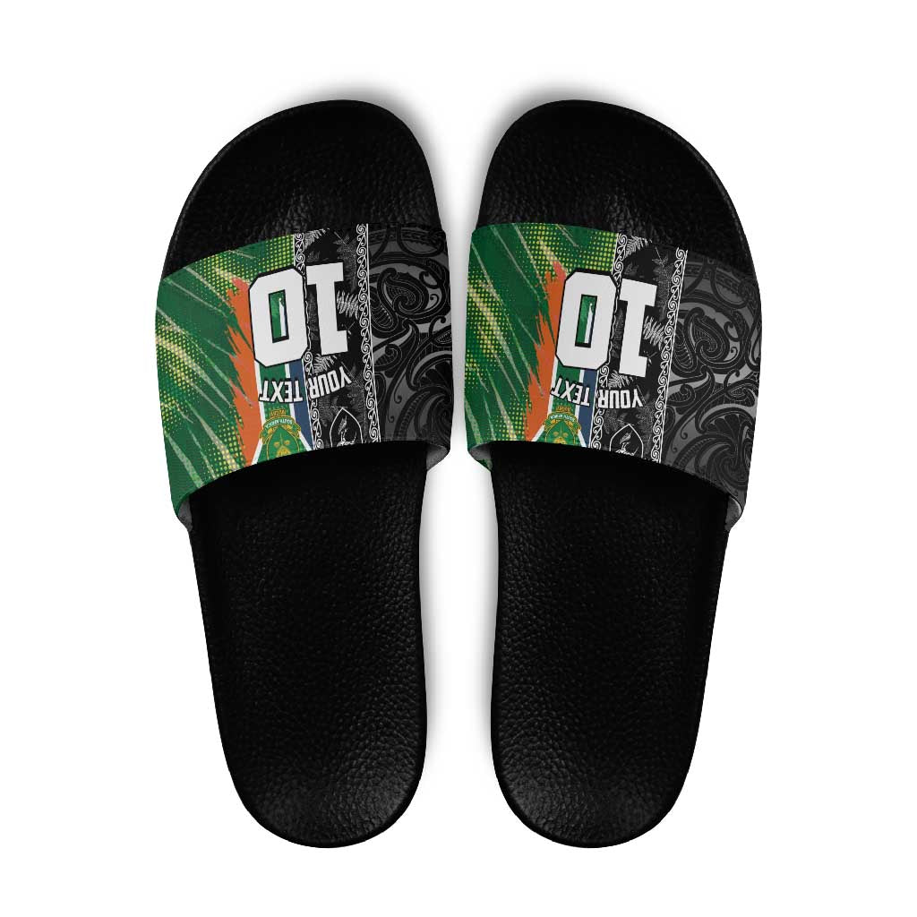 Custom Aotearoa South Africa Rugby Freedom Cup Slide Sandals Maori Silver Fern Art and Sporty Flag SA LT03