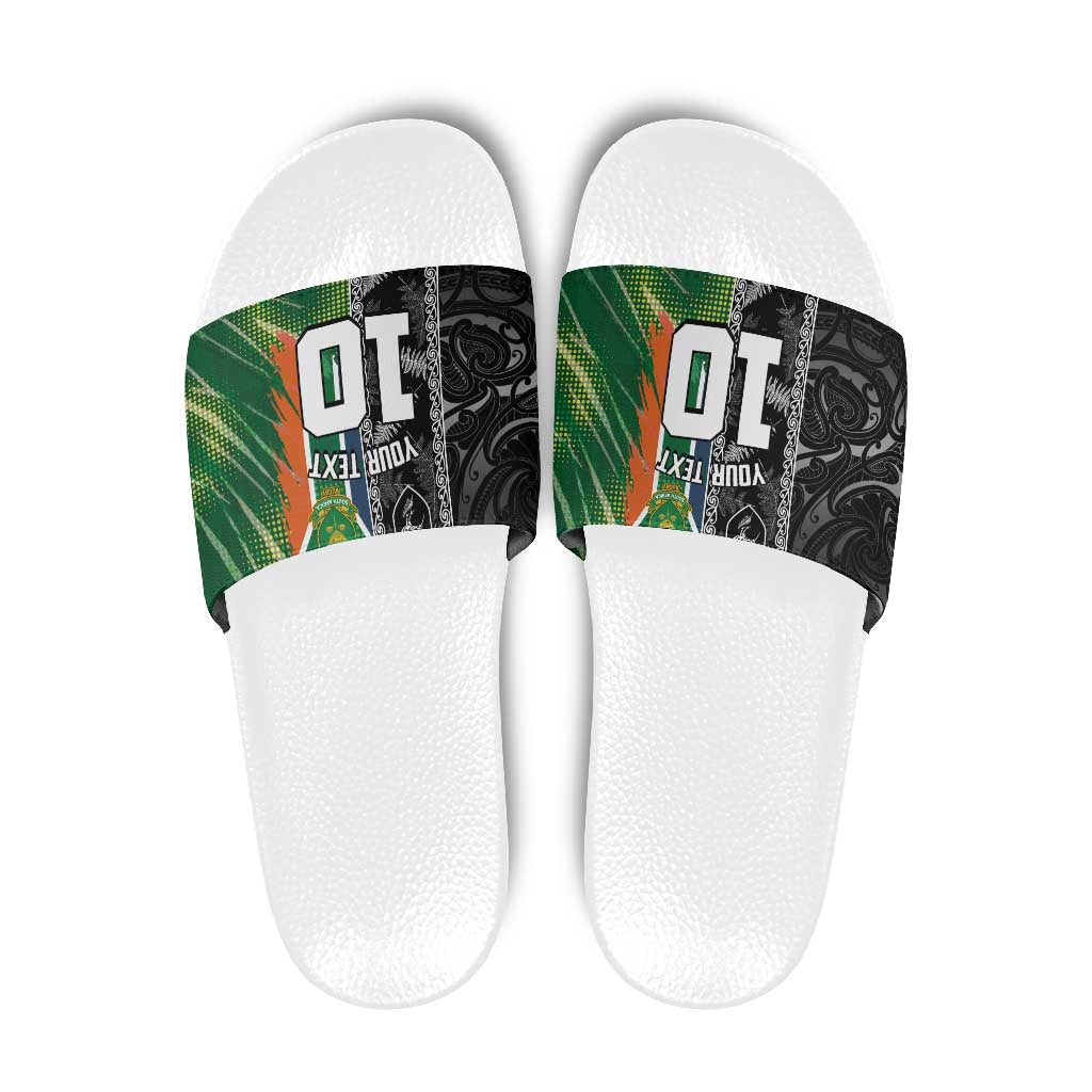 Custom Aotearoa South Africa Rugby Freedom Cup Slide Sandals Maori Silver Fern Art and Sporty Flag SA LT03