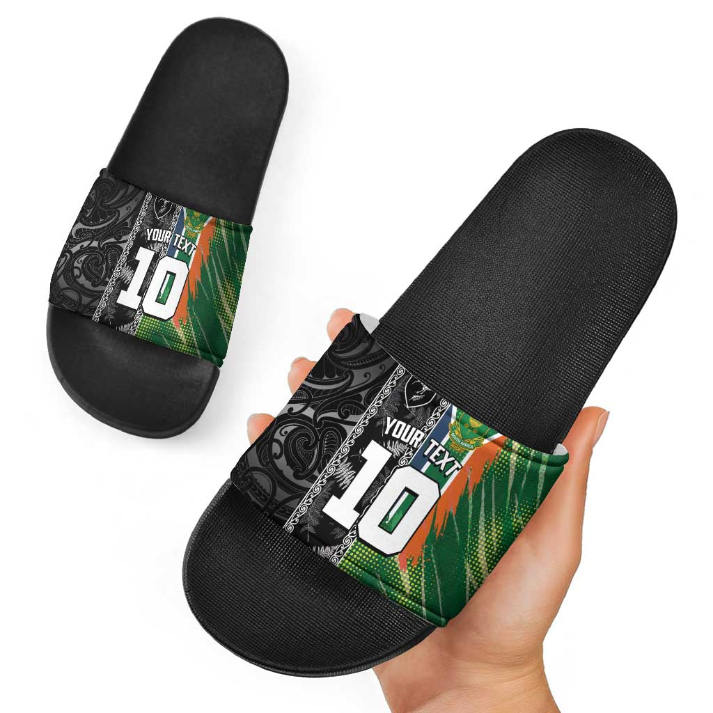 Custom Aotearoa South Africa Rugby Freedom Cup Slide Sandals Maori Silver Fern Art and Sporty Flag SA LT03