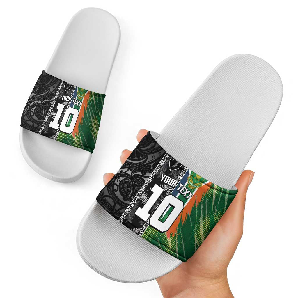 Custom Aotearoa South Africa Rugby Freedom Cup Slide Sandals Maori Silver Fern Art and Sporty Flag SA LT03