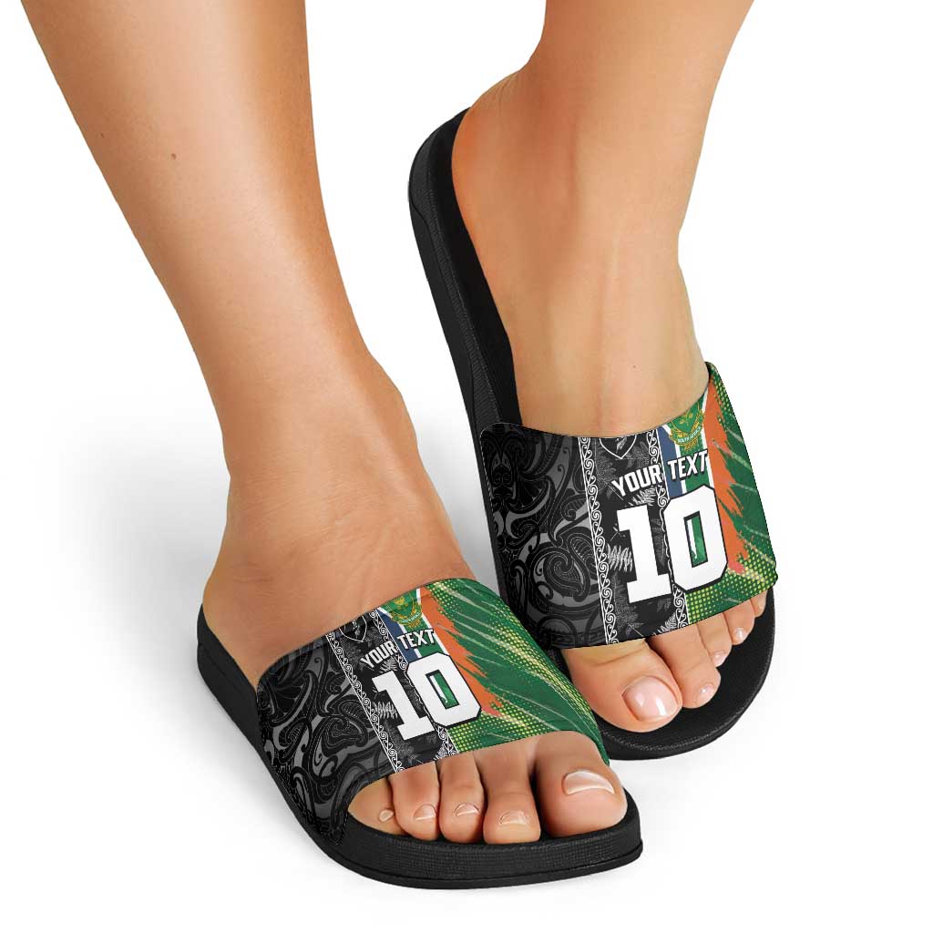 Custom Aotearoa South Africa Rugby Freedom Cup Slide Sandals Maori Silver Fern Art and Sporty Flag SA LT03