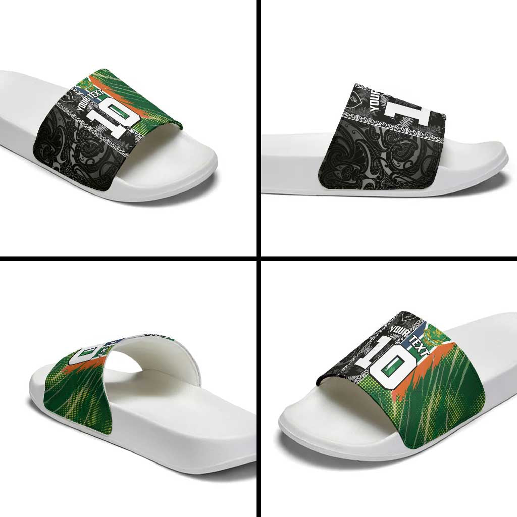 Custom Aotearoa South Africa Rugby Freedom Cup Slide Sandals Maori Silver Fern Art and Sporty Flag SA LT03