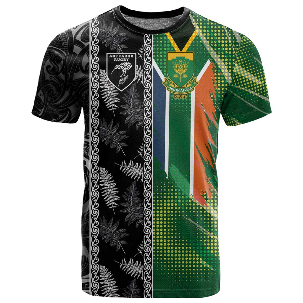 Custom Aotearoa South Africa Rugby Freedom Cup T shirt Maori Silver Fern Art and Sporty Flag SA LT03