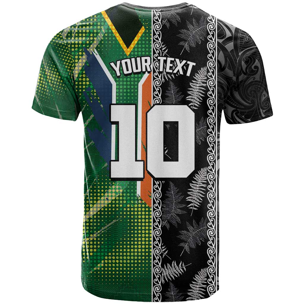 Custom Aotearoa South Africa Rugby Freedom Cup T shirt Maori Silver Fern Art and Sporty Flag SA LT03