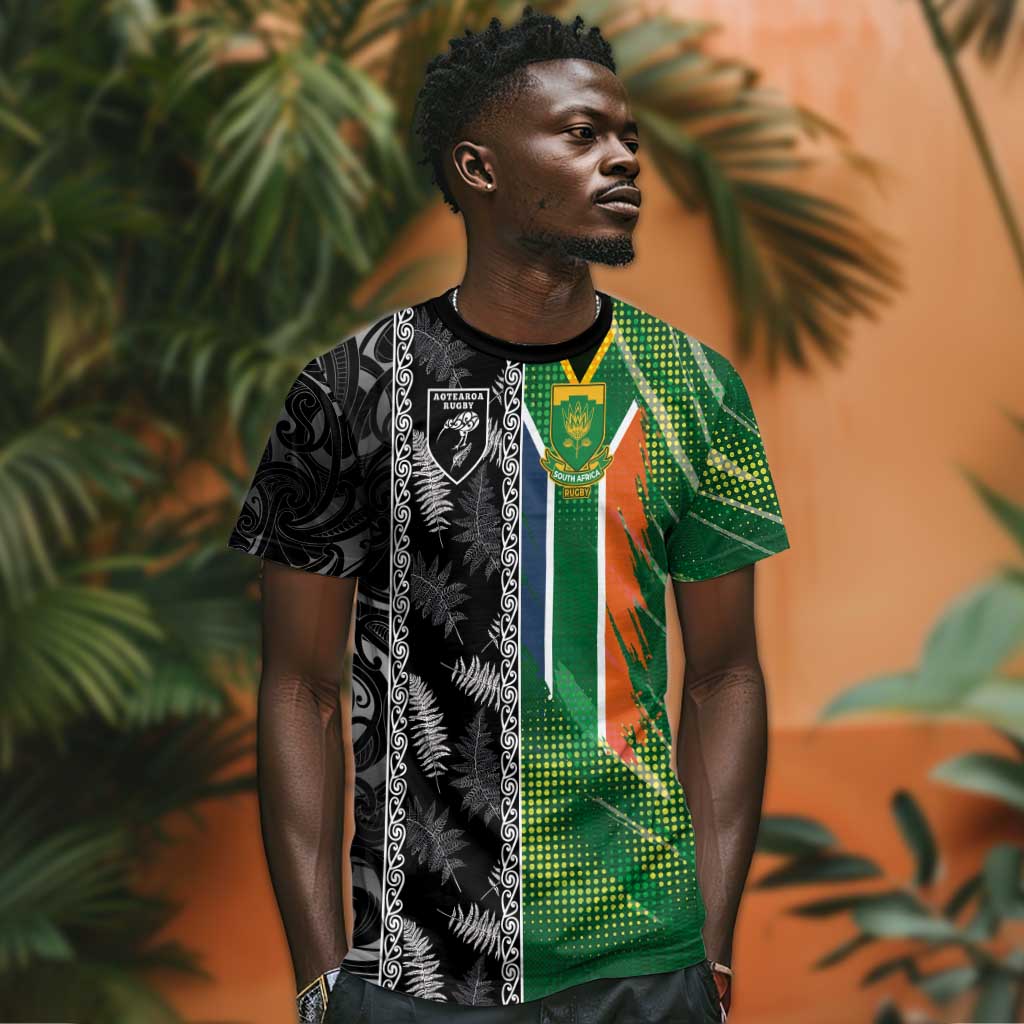 Custom Aotearoa South Africa Rugby Freedom Cup T shirt Maori Silver Fern Art and Sporty Flag SA LT03