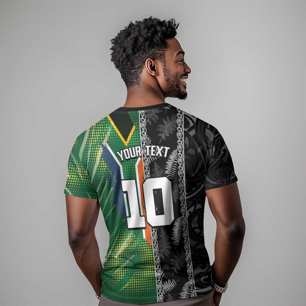 Custom Aotearoa South Africa Rugby Freedom Cup T shirt Maori Silver Fern Art and Sporty Flag SA LT03