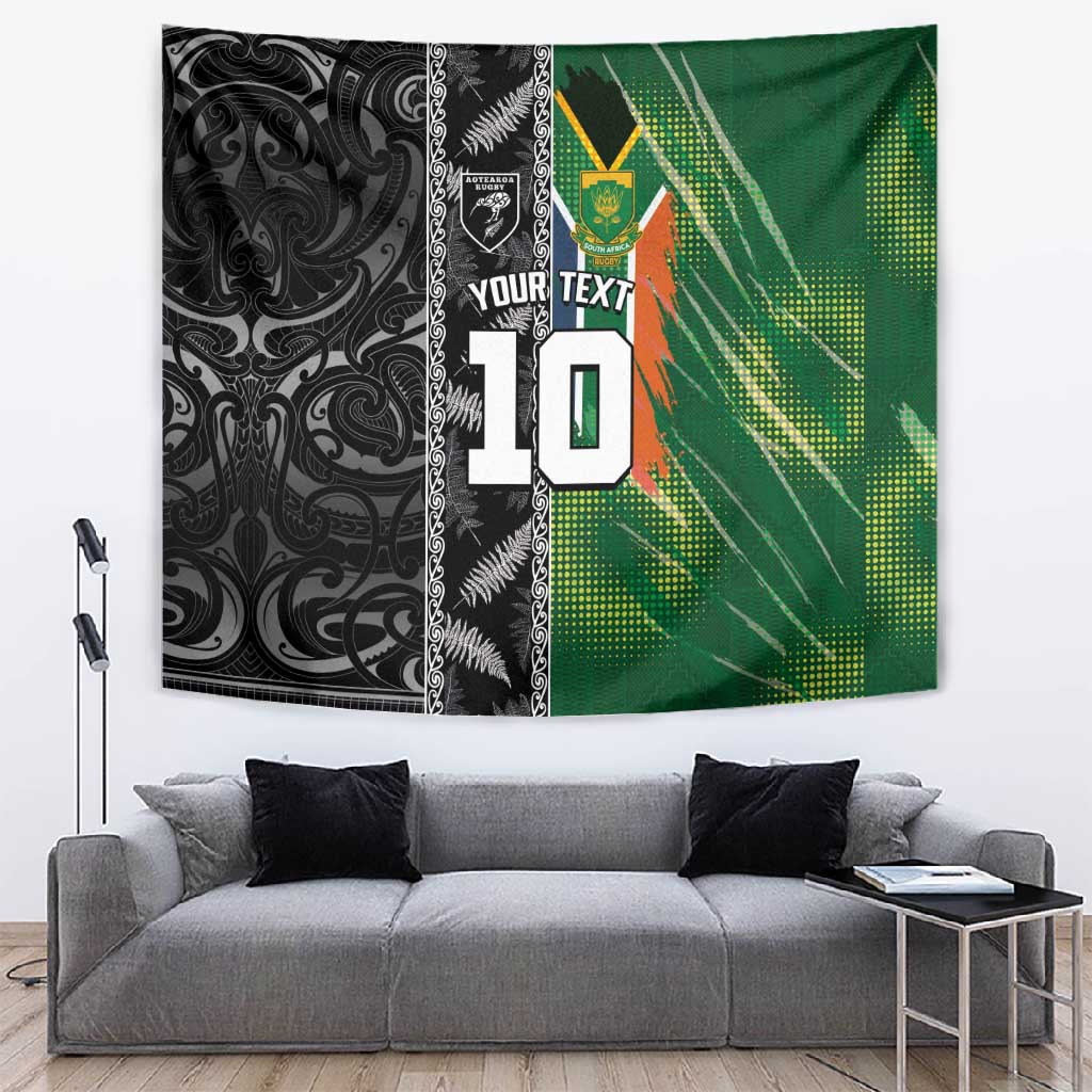 Custom Aotearoa South Africa Rugby Freedom Cup Tapestry Maori Silver Fern Art and Sporty Flag SA LT03