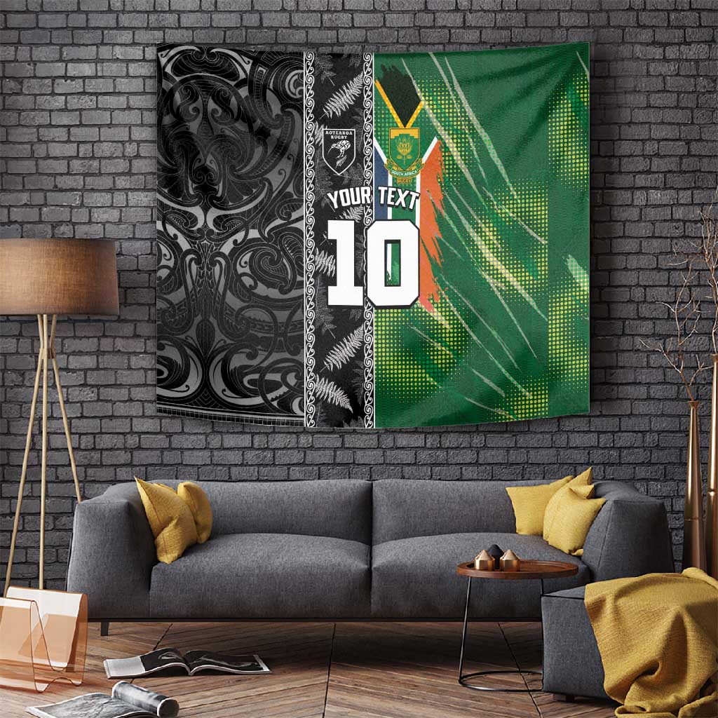 Custom Aotearoa South Africa Rugby Freedom Cup Tapestry Maori Silver Fern Art and Sporty Flag SA LT03