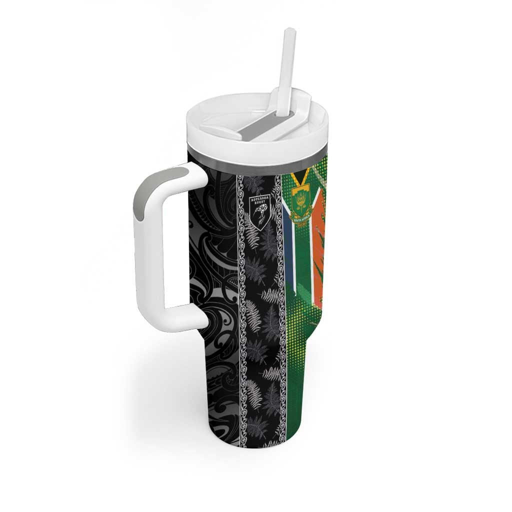 Custom Aotearoa South Africa Rugby Freedom Cup Tumbler With Handle Maori Silver Fern Art and Sporty Flag SA LT03