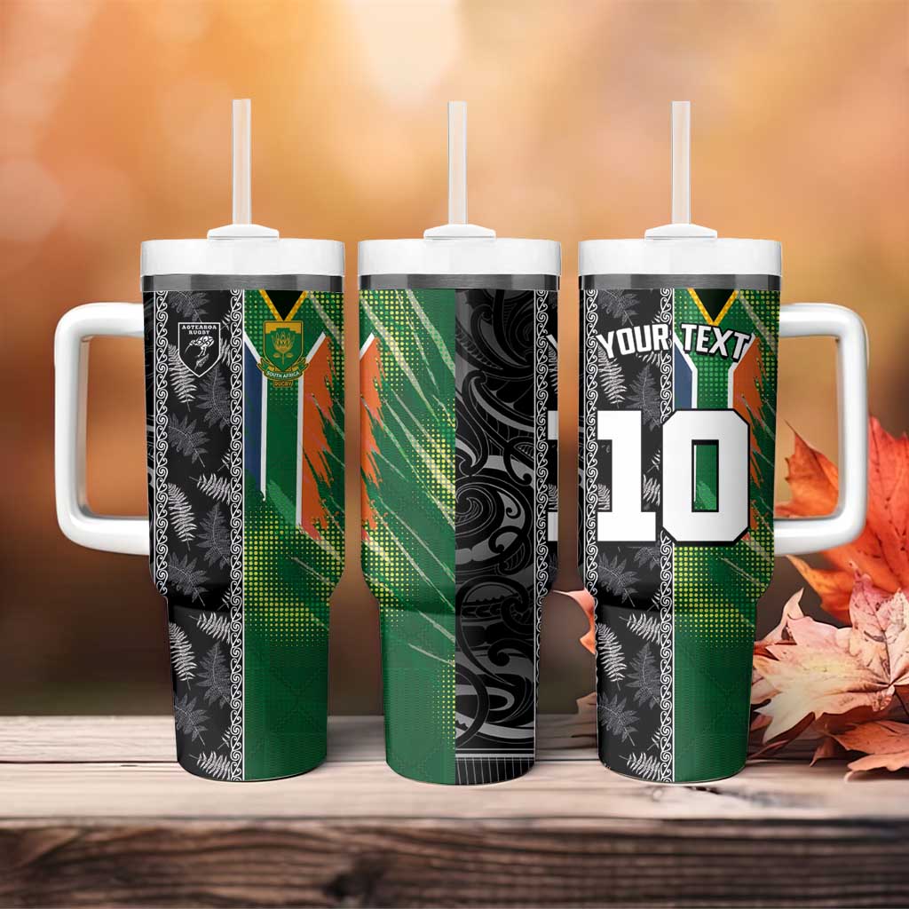 Custom Aotearoa South Africa Rugby Freedom Cup Tumbler With Handle Maori Silver Fern Art and Sporty Flag SA LT03