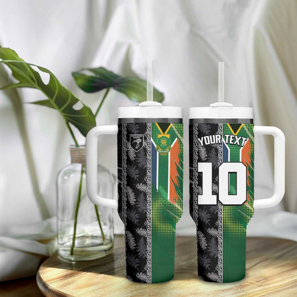 Custom Aotearoa South Africa Rugby Freedom Cup Tumbler With Handle Maori Silver Fern Art and Sporty Flag SA LT03