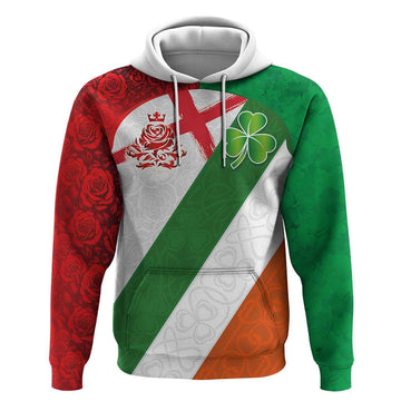 Custom Ireland and England Hoodie Celtic Shanrocks and Roses with Red Cross LT03