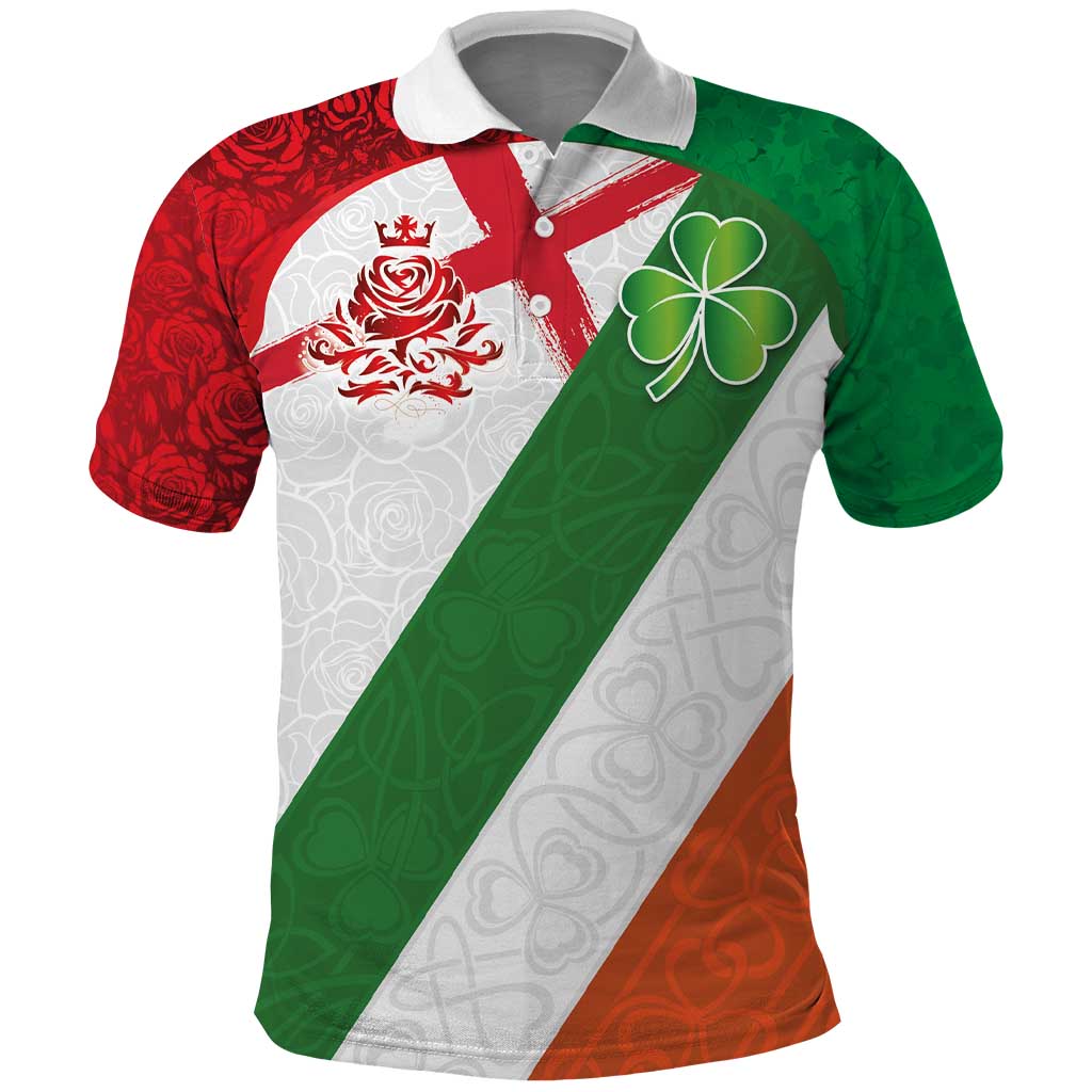 Custom Ireland and England Polo Shirt Celtic Shanrocks and Roses with Red Cross LT03