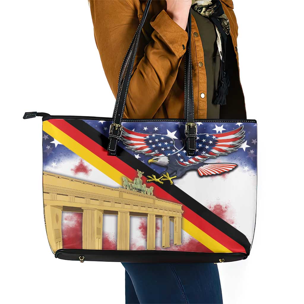 German American Heritage Month Leather Tote Bag United States Eagle and Brandenburg Gate with National Flag LT03