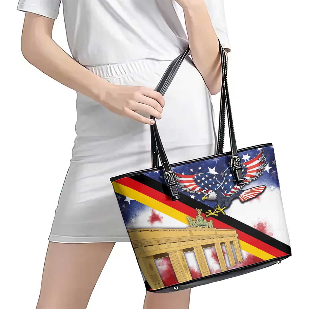 German American Heritage Month Leather Tote Bag United States Eagle and Brandenburg Gate with National Flag LT03