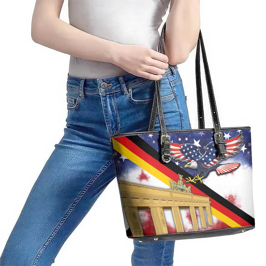 German American Heritage Month Leather Tote Bag United States Eagle and Brandenburg Gate with National Flag LT03