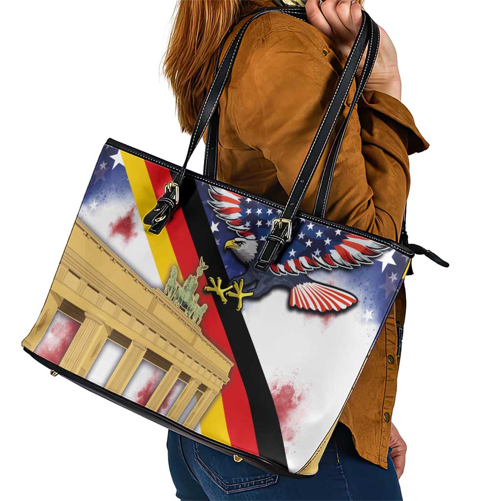 German American Heritage Month Leather Tote Bag United States Eagle and Brandenburg Gate with National Flag LT03