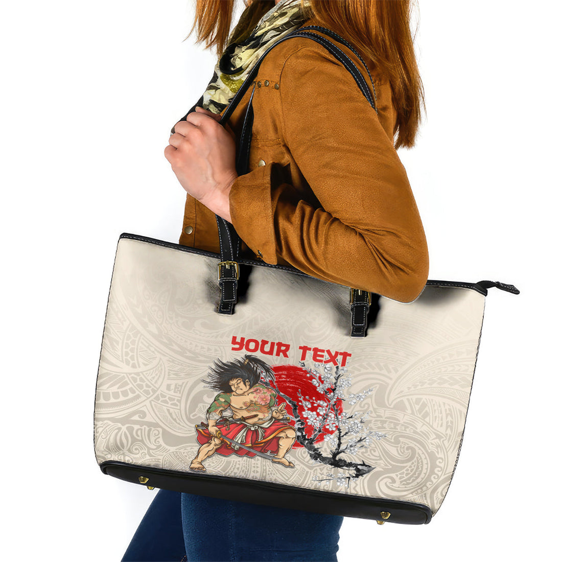 Personalised Japanese Culture Hawaii Style Leather Tote Bag Japanese Samurai with Hawaiian Pattern LT03