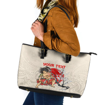 Personalised Japanese Culture Hawaii Style Leather Tote Bag Japanese Samurai with Hawaiian Pattern LT03