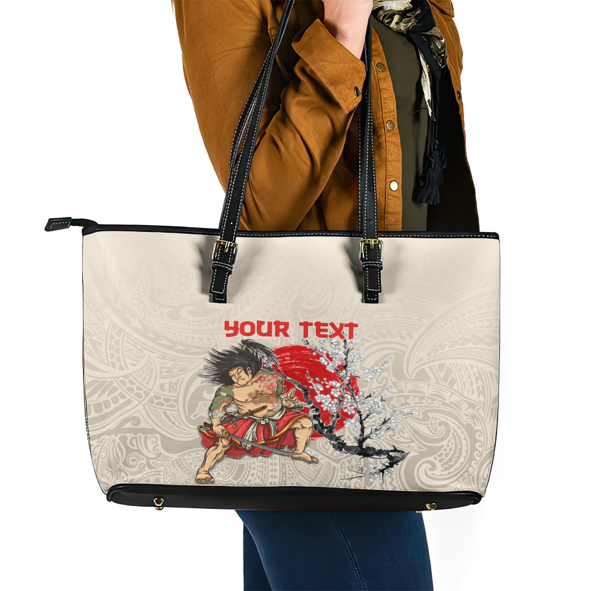Personalised Japanese Culture Hawaii Style Leather Tote Bag Japanese Samurai with Hawaiian Pattern LT03
