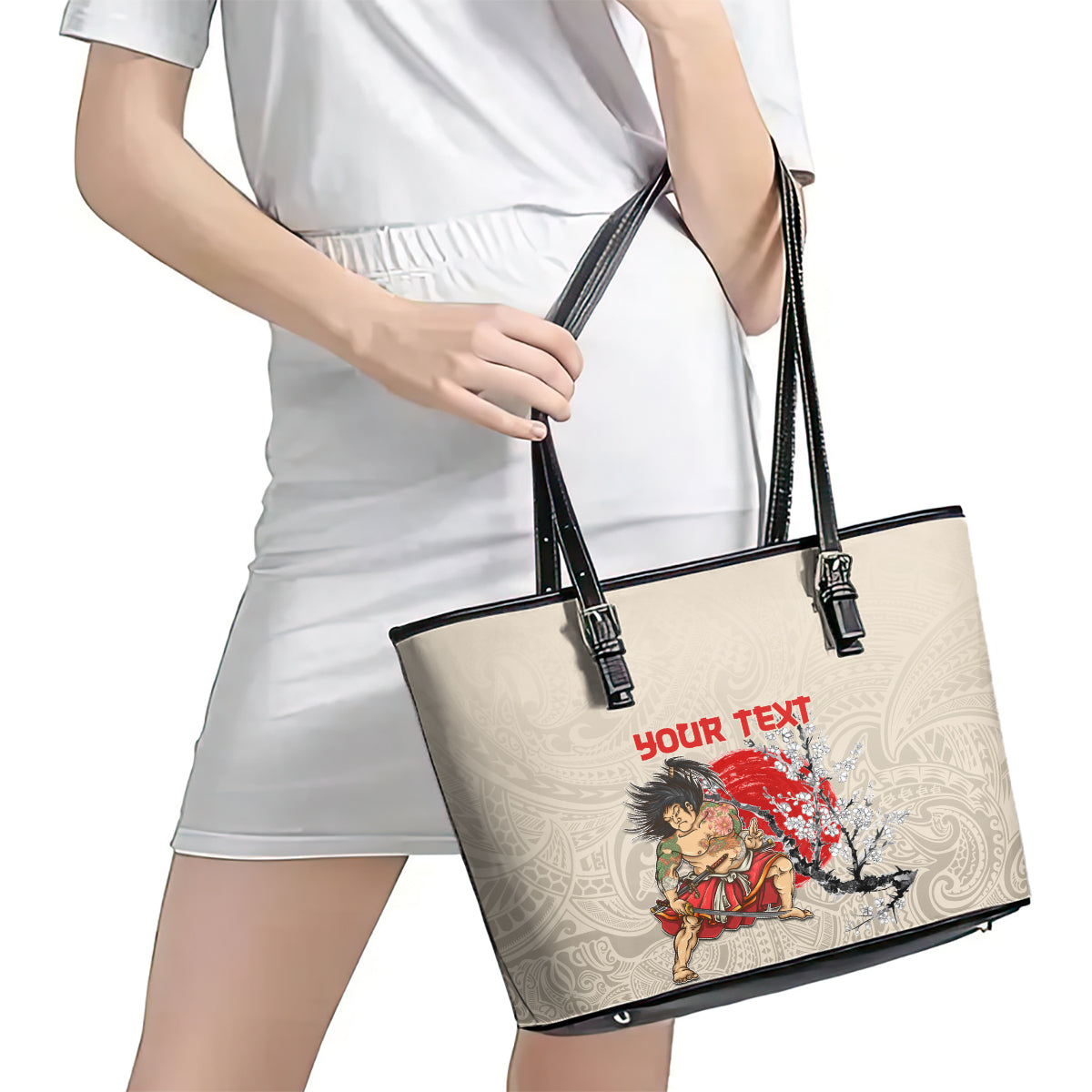 Personalised Japanese Culture Hawaii Style Leather Tote Bag Japanese Samurai with Hawaiian Pattern LT03